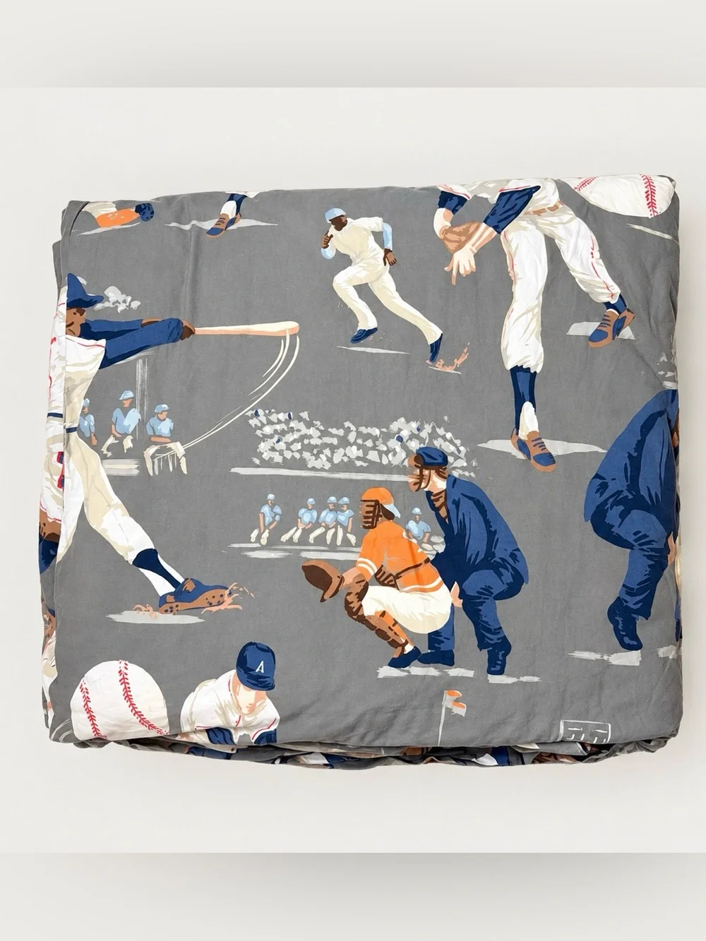 Pottery Barn Kids Gray Baseball Comforter with Blue and Tan Players